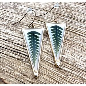 Pressed Fern Leaf in Gold Tone Triangle Frame Dangle Earrings